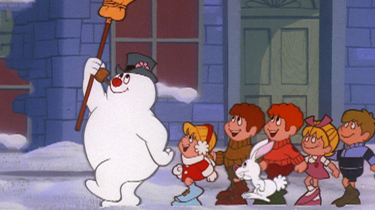 Image from Frosty the Snowman The Movie, leading Children through the streets of town