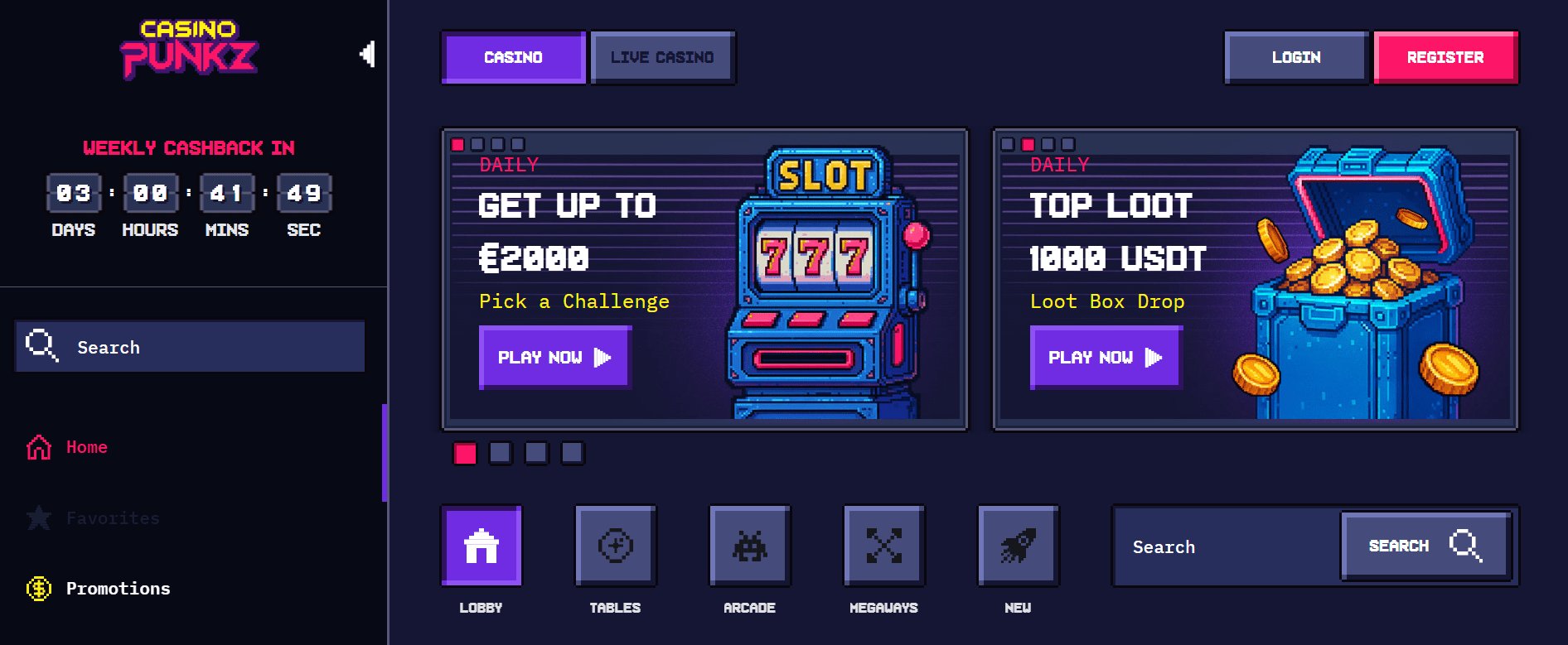 Homepage of CasinoPunkz casino highlighting bitcoin-friendly play with slots and promotions